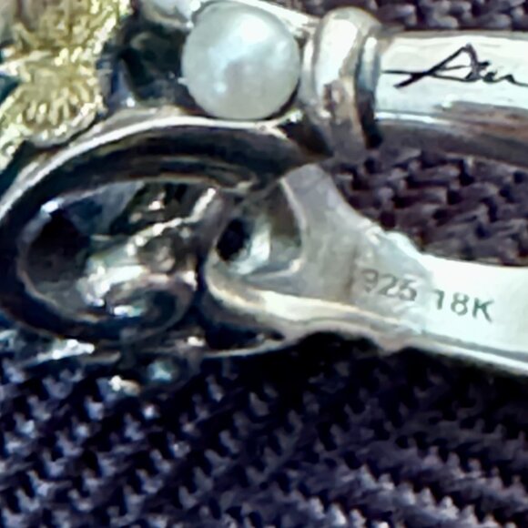 Stunning Ann King Rare Blue Topaz Sterling 18K Gold w Pearl Ring womens size 6 - Picture 7 of 9